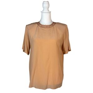 90s Peach 100% Silk Blouse Women's S Embroidered Crew Neck Short Sleeve Chic